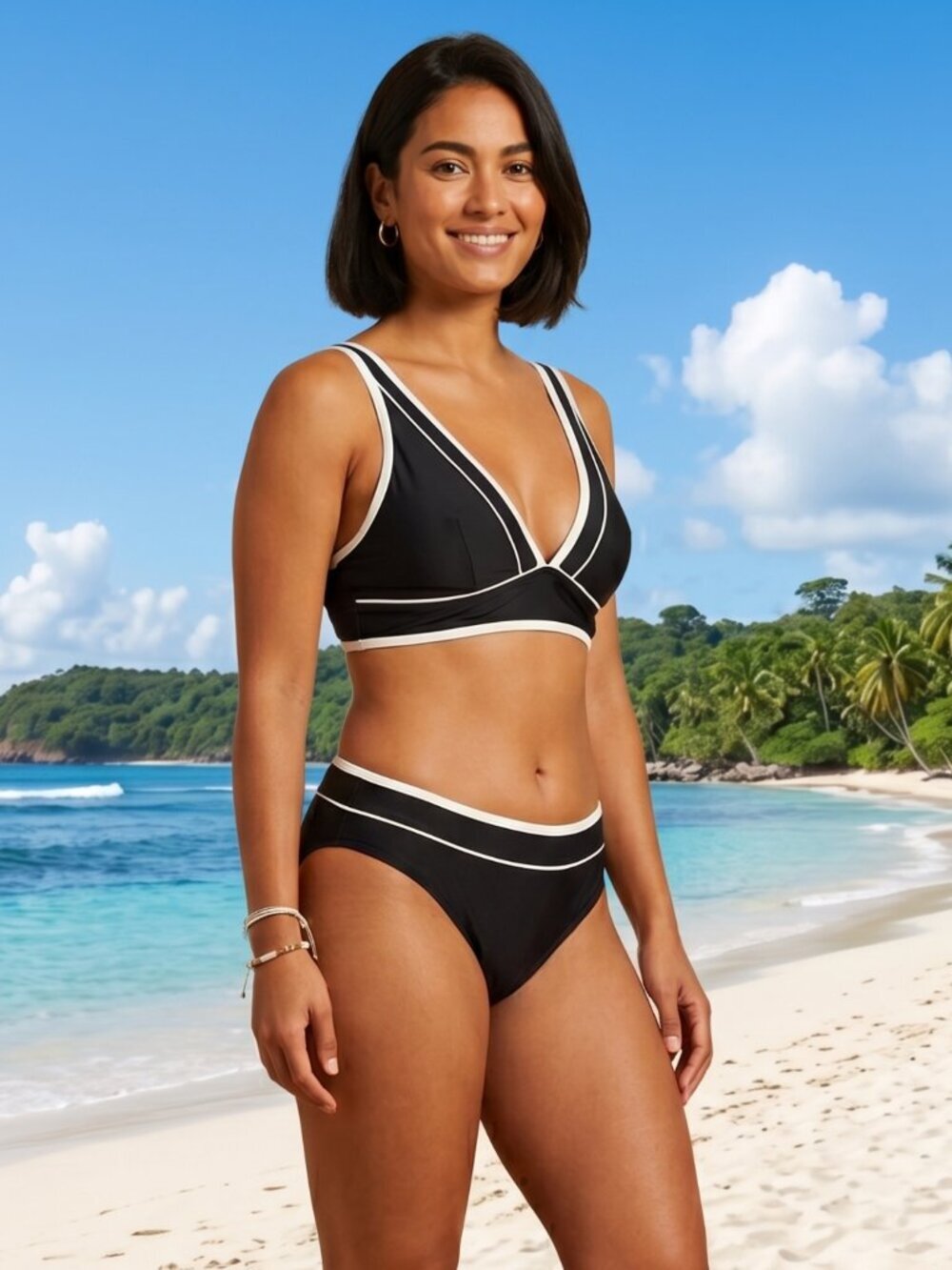 NWOT | Black & White Color-Block 2-Piece Swimsuit | White Piping | Small